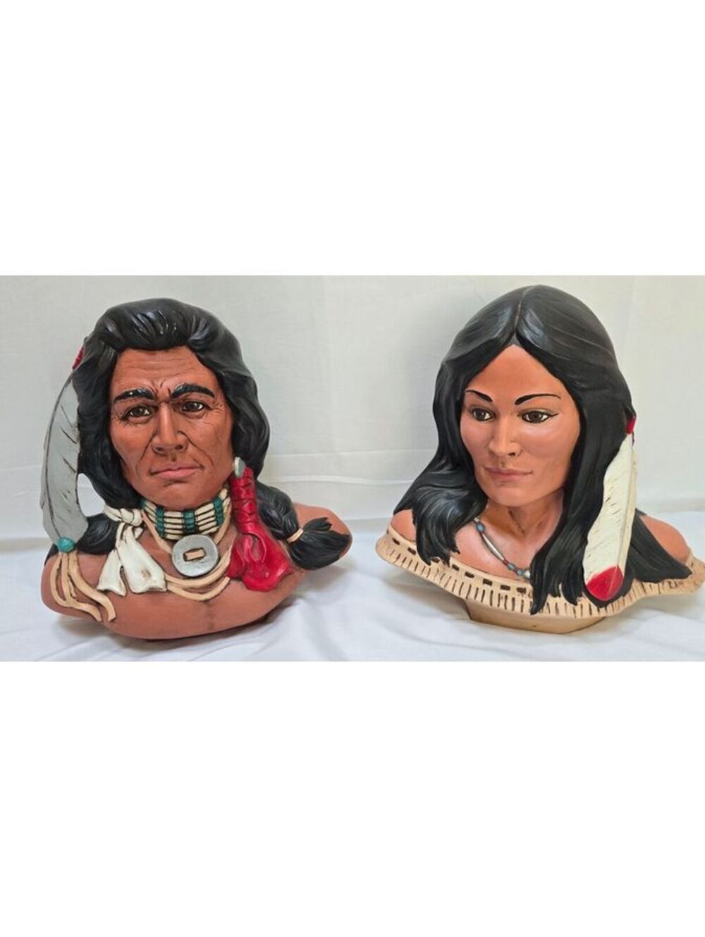 Vintage Native American Man & Woman Ceramic Bust Figurine SW Decor Set